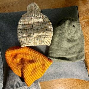 Stylish Women's Knit Beanie Set - Cream, Olive, and Orange
